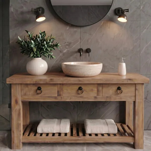 Rustic Reclaimed Wood Open Base Bathroom Vanity with Drawers