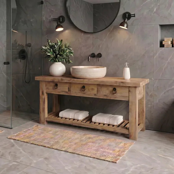 Rustic Reclaimed Wood Open Base Bathroom Vanity with Drawers