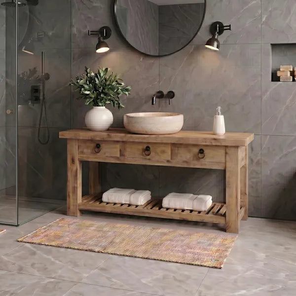 Rustic Reclaimed Wood Open Base Bathroom Vanity with Drawers