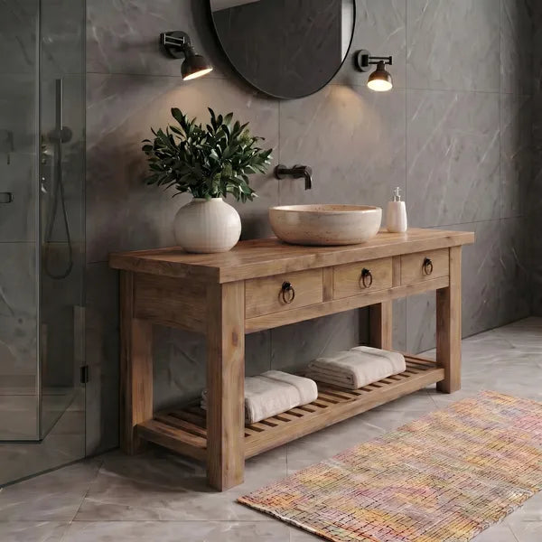 Rustic Reclaimed Wood Open Base Bathroom Vanity with Drawers