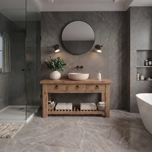 Rustic Reclaimed Wood Open Base Bathroom Vanity with Drawers