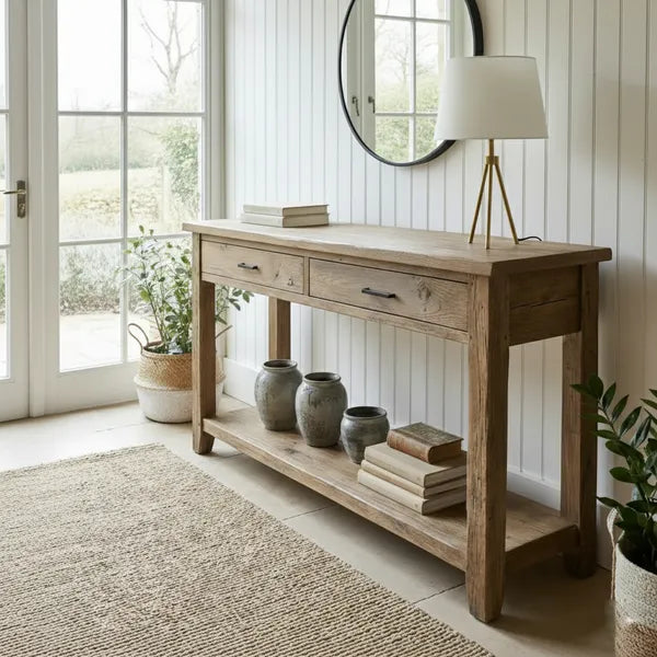 Rustic Solid Wood 2-Drawer Console Table with Display Shelf