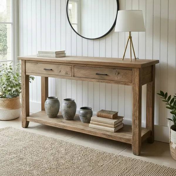 Rustic Solid Wood 2-Drawer Console Table with Display Shelf by Drwoodart