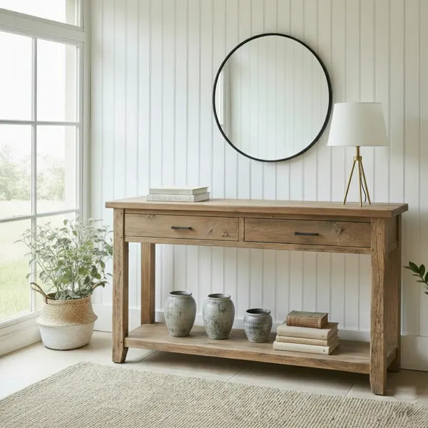 Rustic Solid Wood 2-Drawer Console Table with Display Shelf by Drwoodart