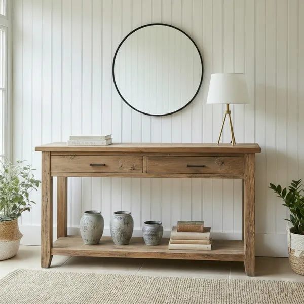 Rustic Solid Wood 2-Drawer Console Table with Display Shelf