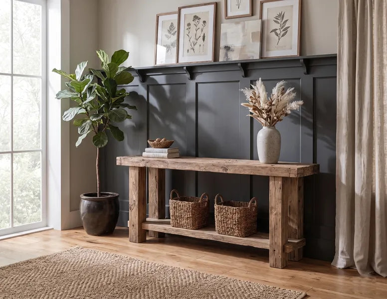 Rustic Solid Wood Foyer Table with Open Shelf by Drwoodart