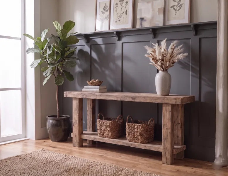Rustic Solid Wood Foyer Table with Open Shelf by Drwoodart
