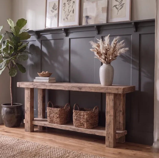 Rustic Solid Wood Foyer Table with Open Shelf by Drwoodart