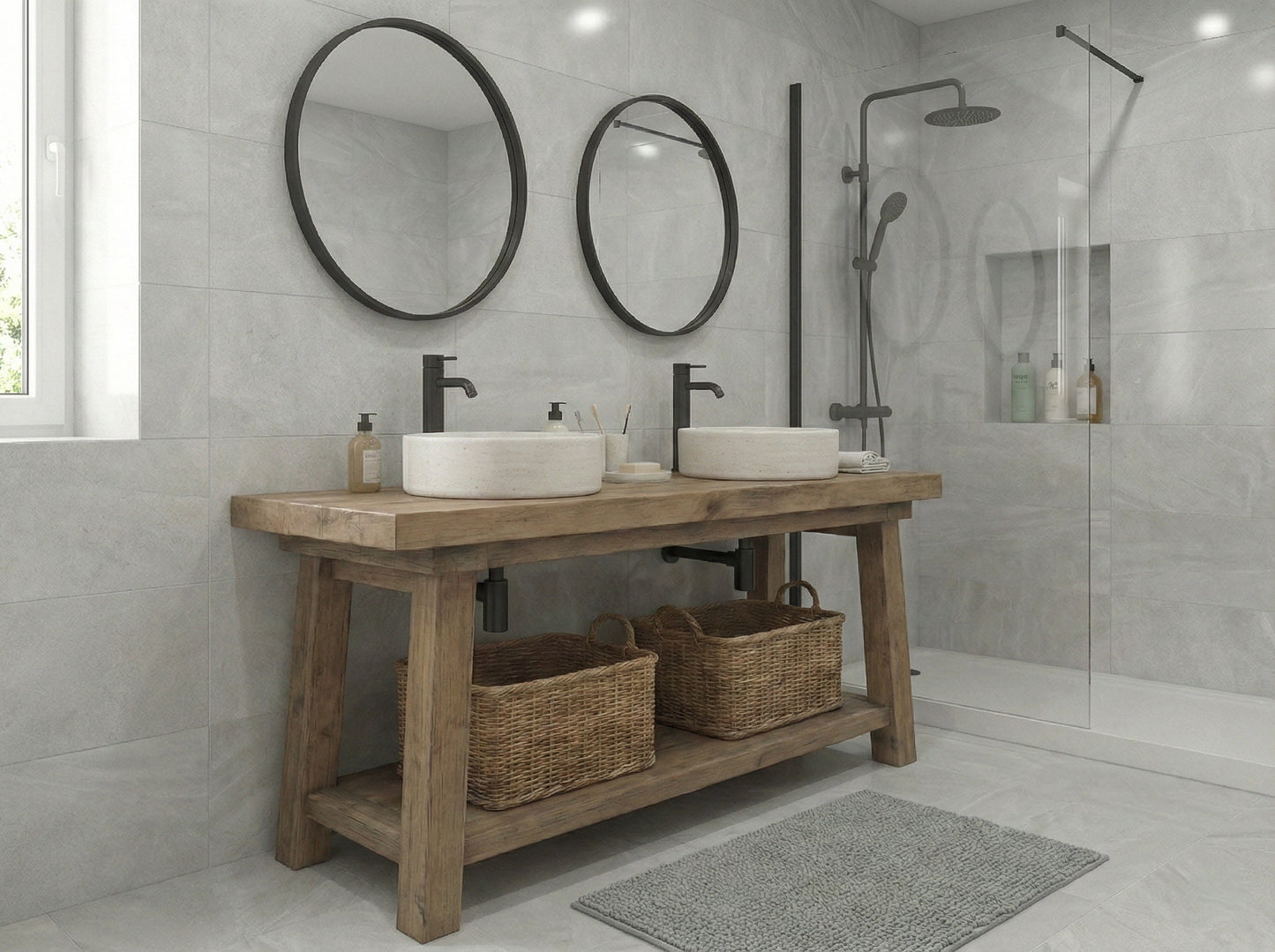 Rustic Wood Bathroom Vanity with Open Shelf, Handmade Reclaimed Wood, Farmhouse Style