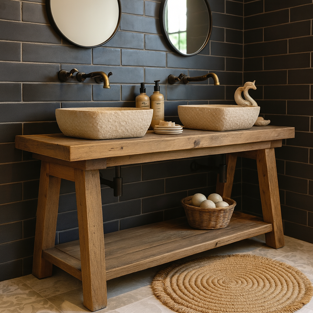 Rustic Oak Wood Bathroom Vanity with Open Shelf, Reclaimed Wood, Farmhouse Style.