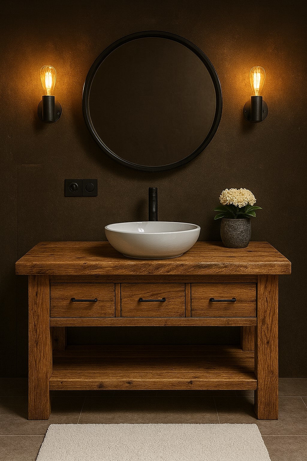 Wood Bathroom Vanity with 3 Drawers, Rustic Solid Wood Bathroom Vanities