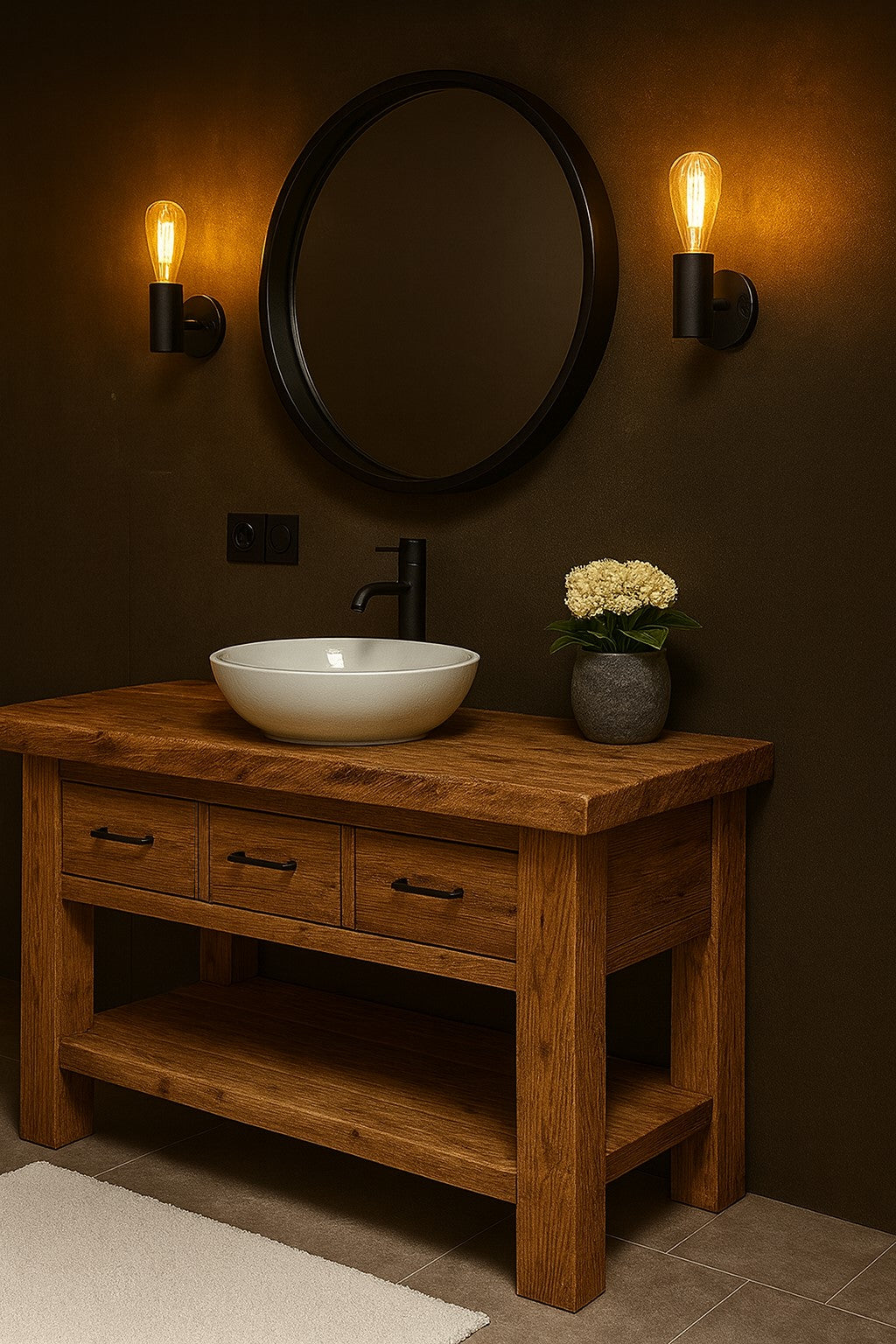 Wood Bathroom Vanity with 3 Drawers, Rustic Solid Wood Bathroom Vanities