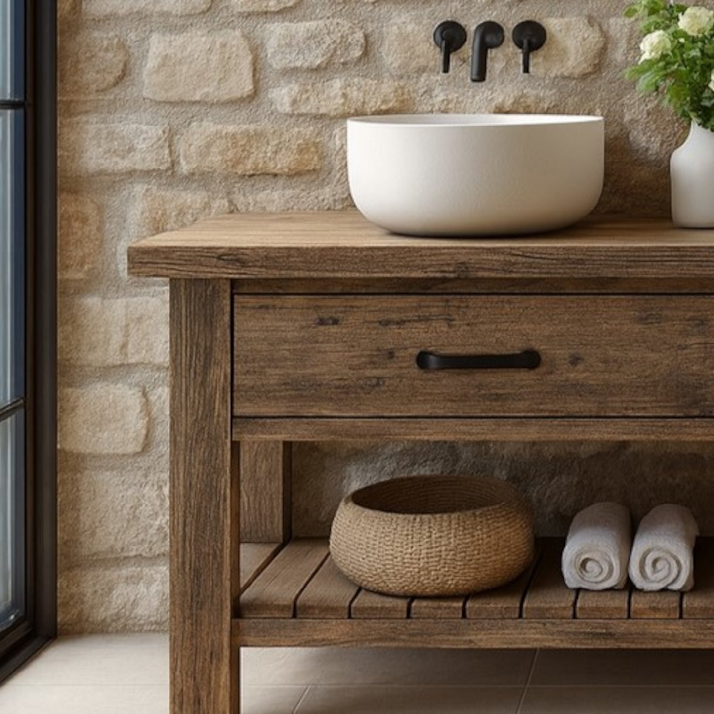 Wood Bathroom Vanity with 2 Drawers, Rustic Solid Wood Bathroom Vanities, Dark Wood Sink Vanity