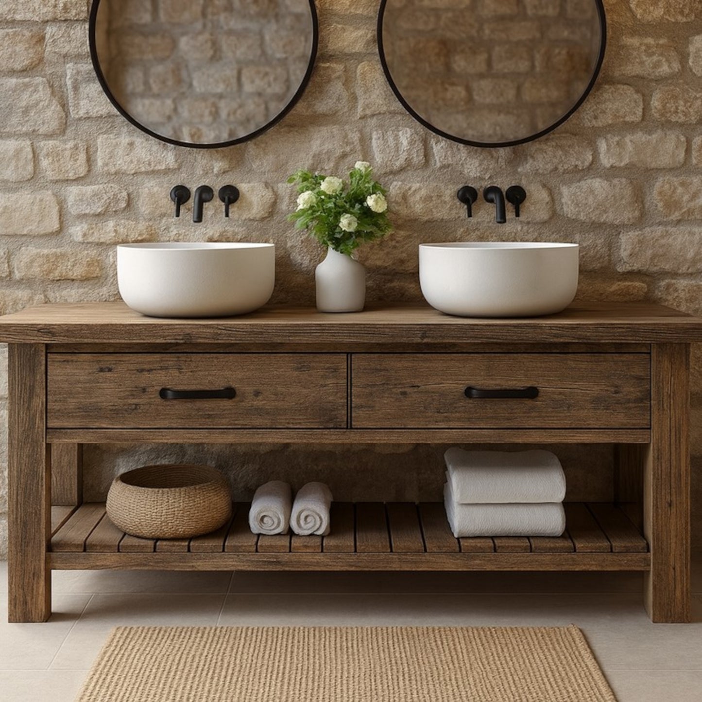 Wood Bathroom Vanity with 2 Drawers, Rustic Solid Wood Bathroom Vanities, Dark Wood Sink Vanity