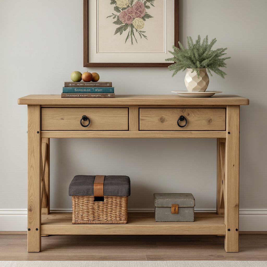 Rustic Wood Console Table With 2 Drawers, Hallway Console Table, Solid Wood