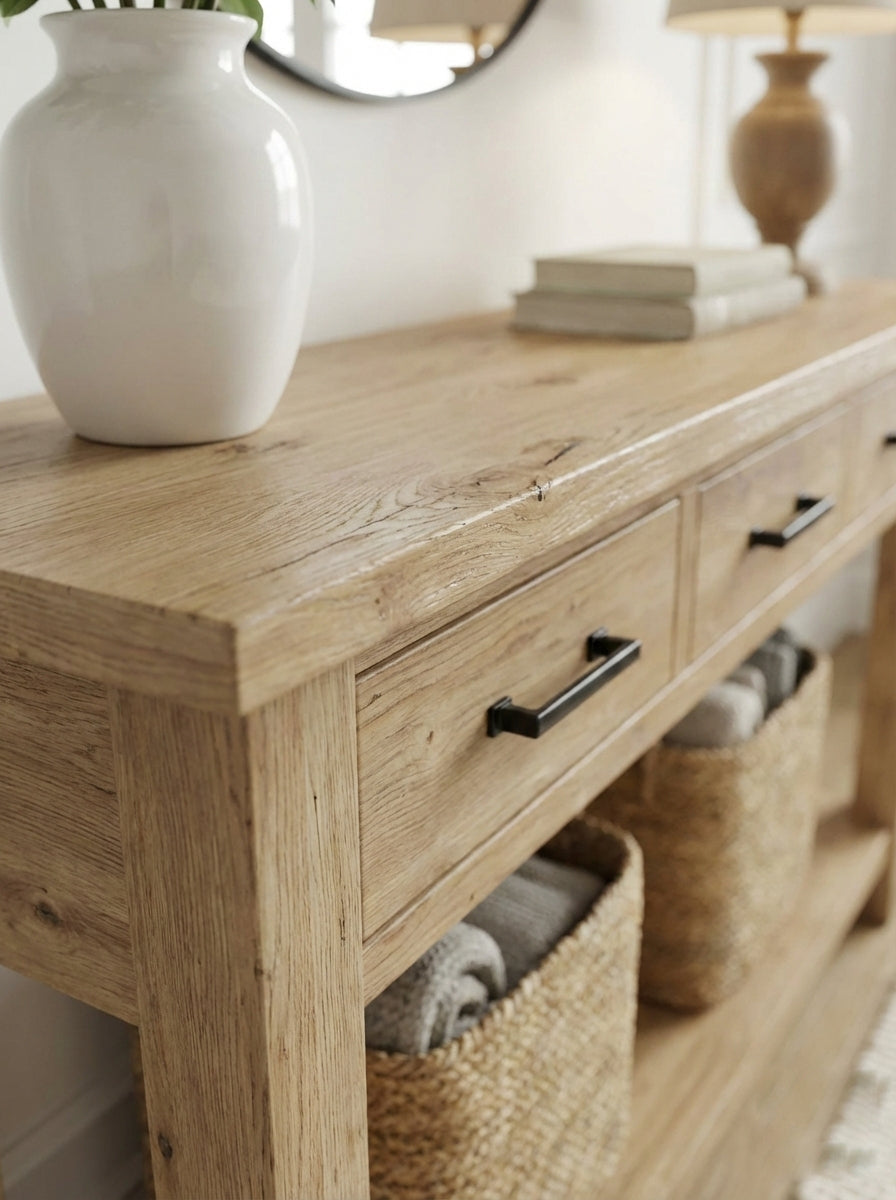 Rustic Console Table With Drawers, Natural Solid Wood Console Table With Storage