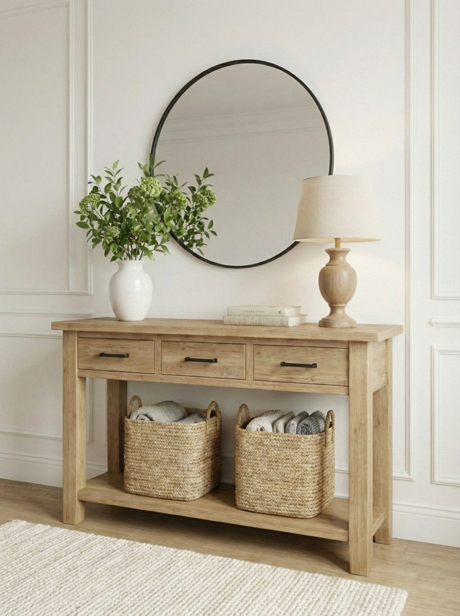 Rustic Console Table With Drawers, Natural Solid Wood Console Table With Storage