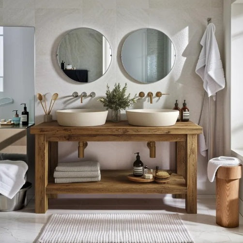 Rustic Oak Wood Bathroom Vanity with Open Shelf, Reclaimed Wood, Farmhouse Style