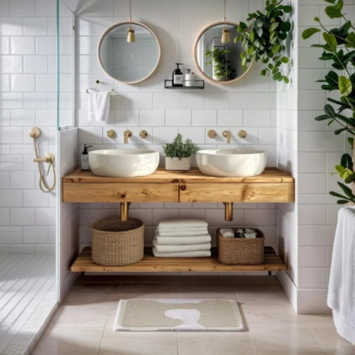 Floating Wood Bathroom Vanity with Drawers, Solid Wood, Farmhouse Style