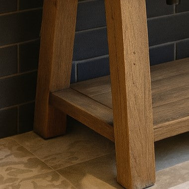 Rustic Oak Wood Bathroom Vanity with Open Shelf, Reclaimed Wood, Farmhouse Style.