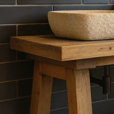 Rustic Oak Wood Bathroom Vanity with Open Shelf, Reclaimed Wood, Farmhouse Style.