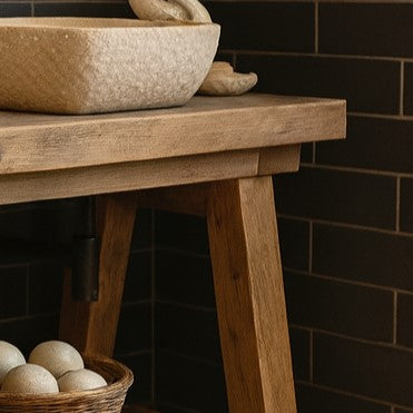 Rustic Oak Wood Bathroom Vanity with Open Shelf, Reclaimed Wood, Farmhouse Style.