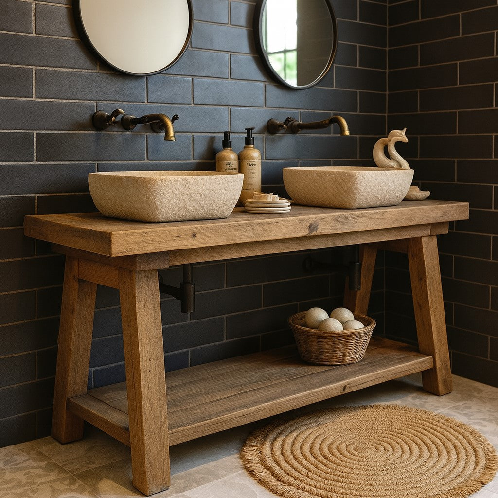 Rustic Oak Wood Bathroom Vanity with Open Shelf, Reclaimed Wood, Farmhouse Style.