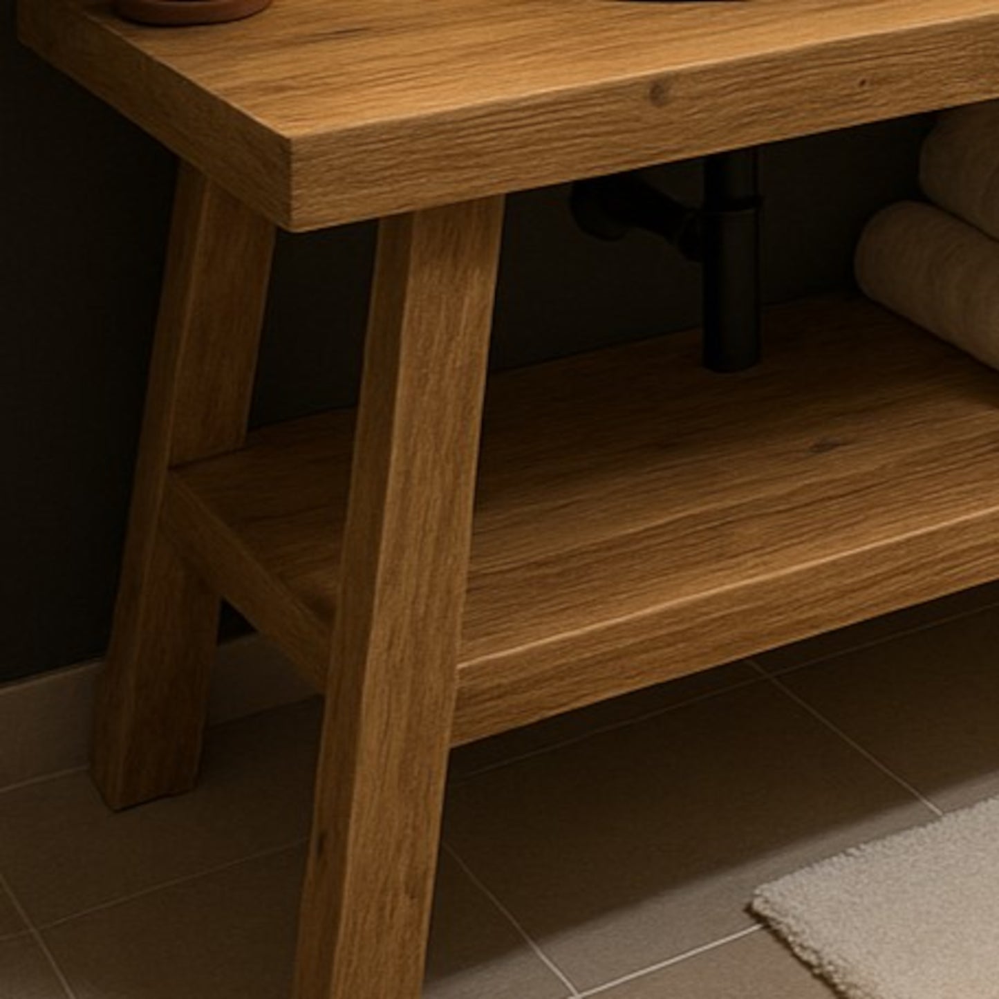 Rustic Wooden Bathroom Vanity with Open Shelf, Reclaimed Wood, Farmhouse Style.