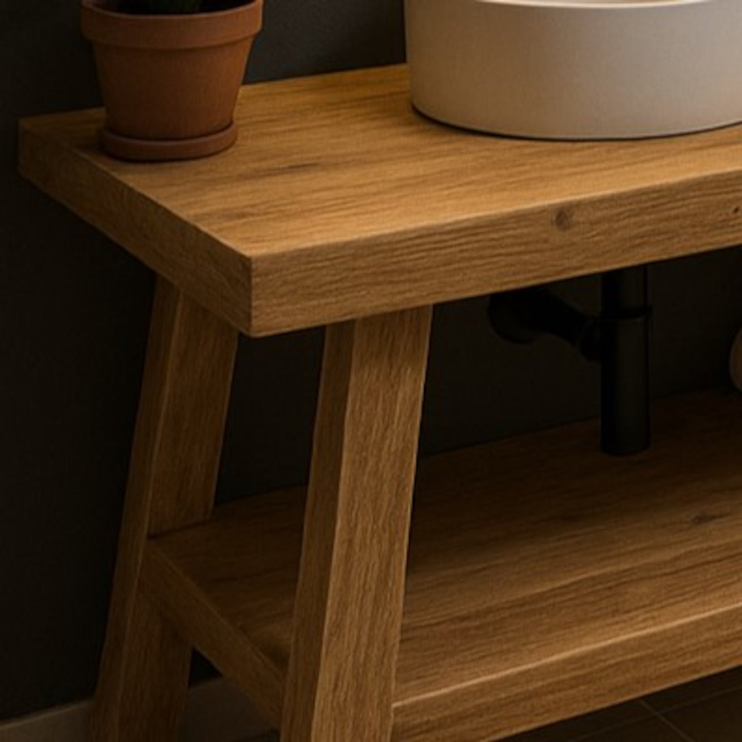 Rustic Wooden Bathroom Vanity with Open Shelf, Reclaimed Wood, Farmhouse Style.