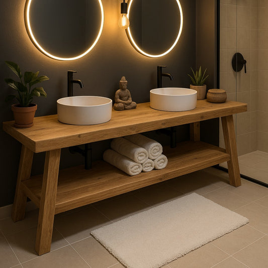 Rustic Wooden Bathroom Vanity with Open Shelf, Reclaimed Wood, Farmhouse Style.