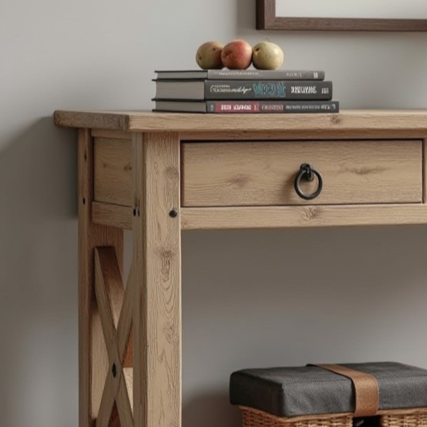 Rustic Wooden Console Table With Drawers, Natural Solid Wood Console Table With Shelf