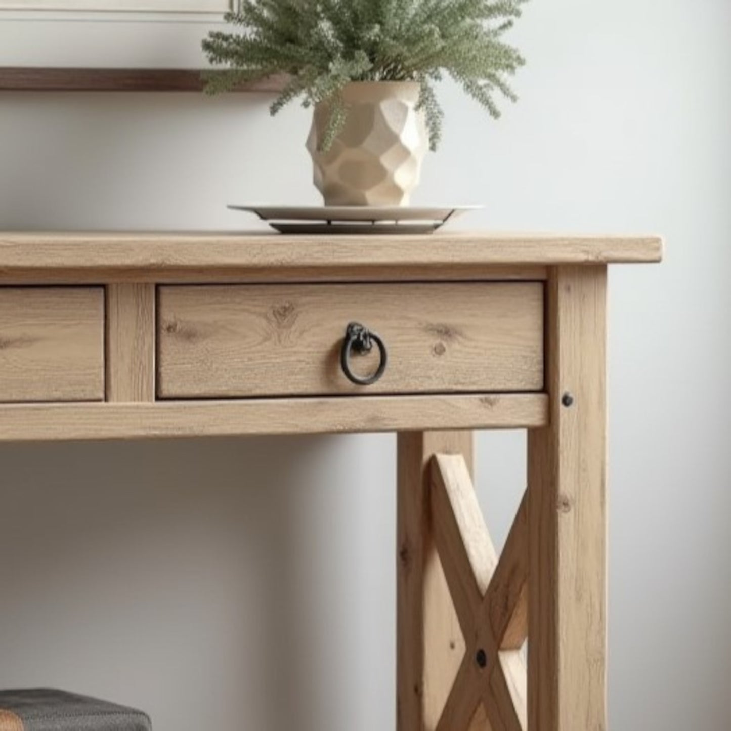 Rustic Wooden Console Table With Drawers, Natural Solid Wood Console Table With Shelf
