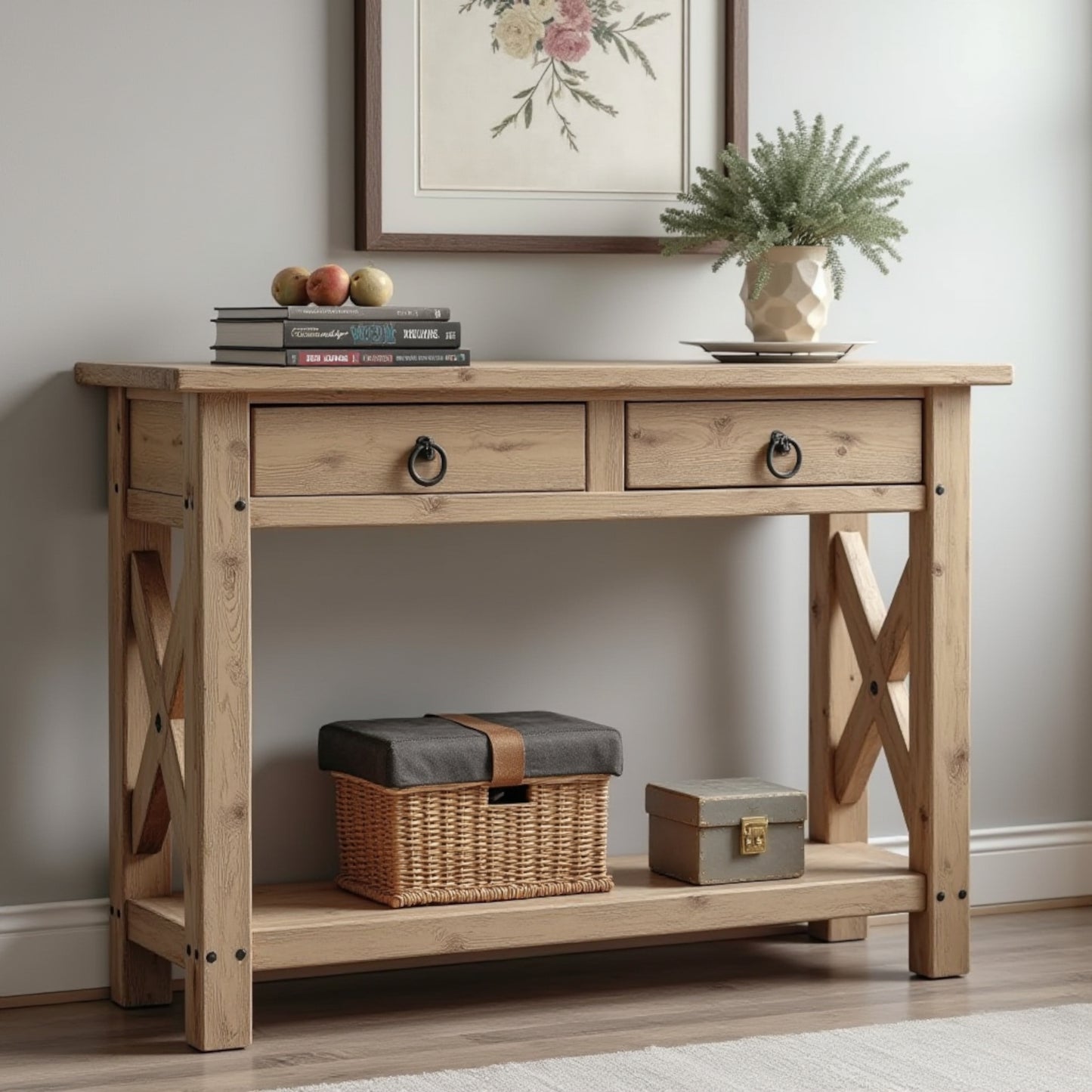 Rustic Wooden Console Table With Drawers, Natural Solid Wood Console Table With Shelf