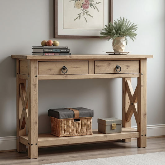 Rustic Wood Console Table With 2 Drawers, Hallway Console Table, Solid Wood