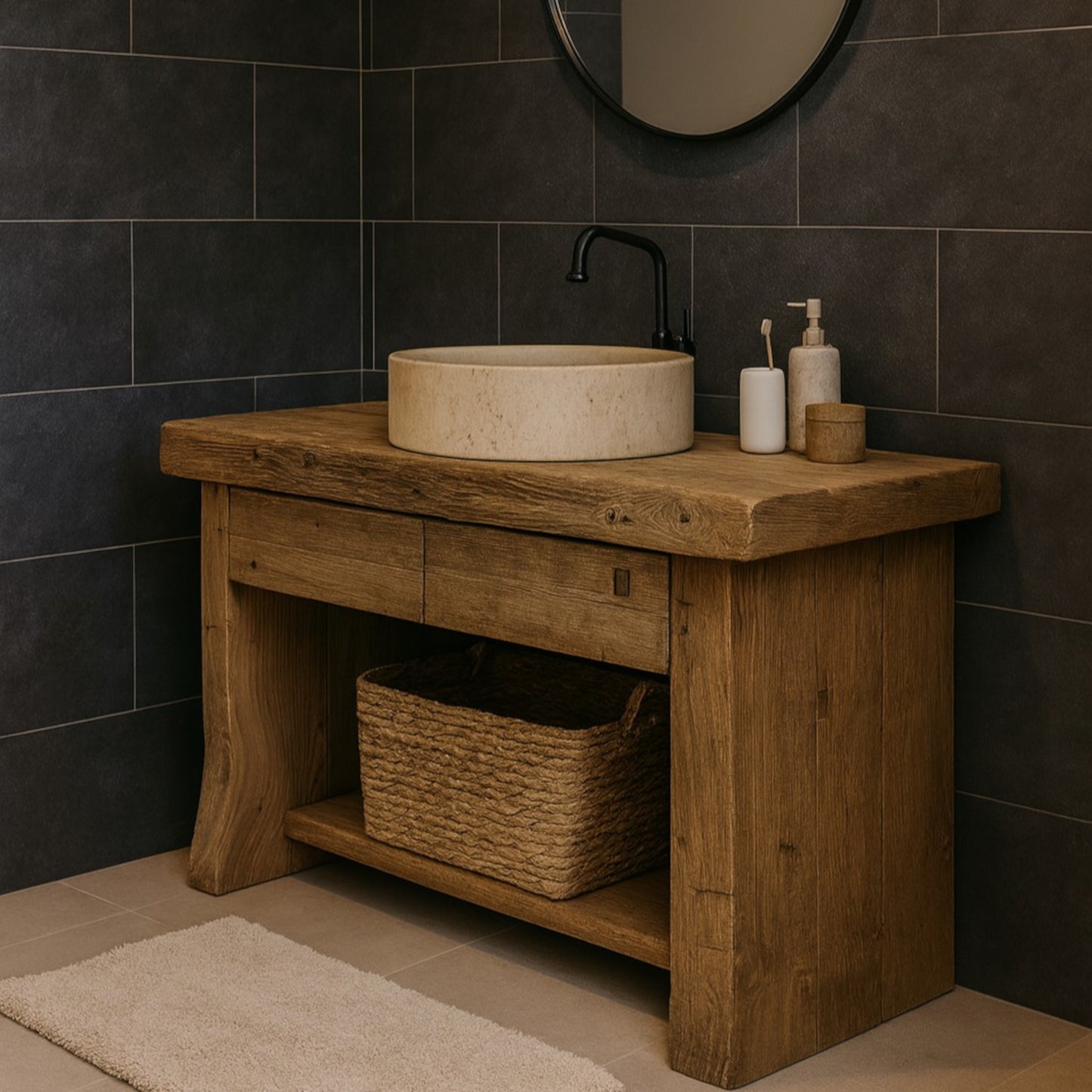 Rustic Wooden Bathroom Vanity With Drawers, Reclaimed Solid Wood, Farmhouse Style
