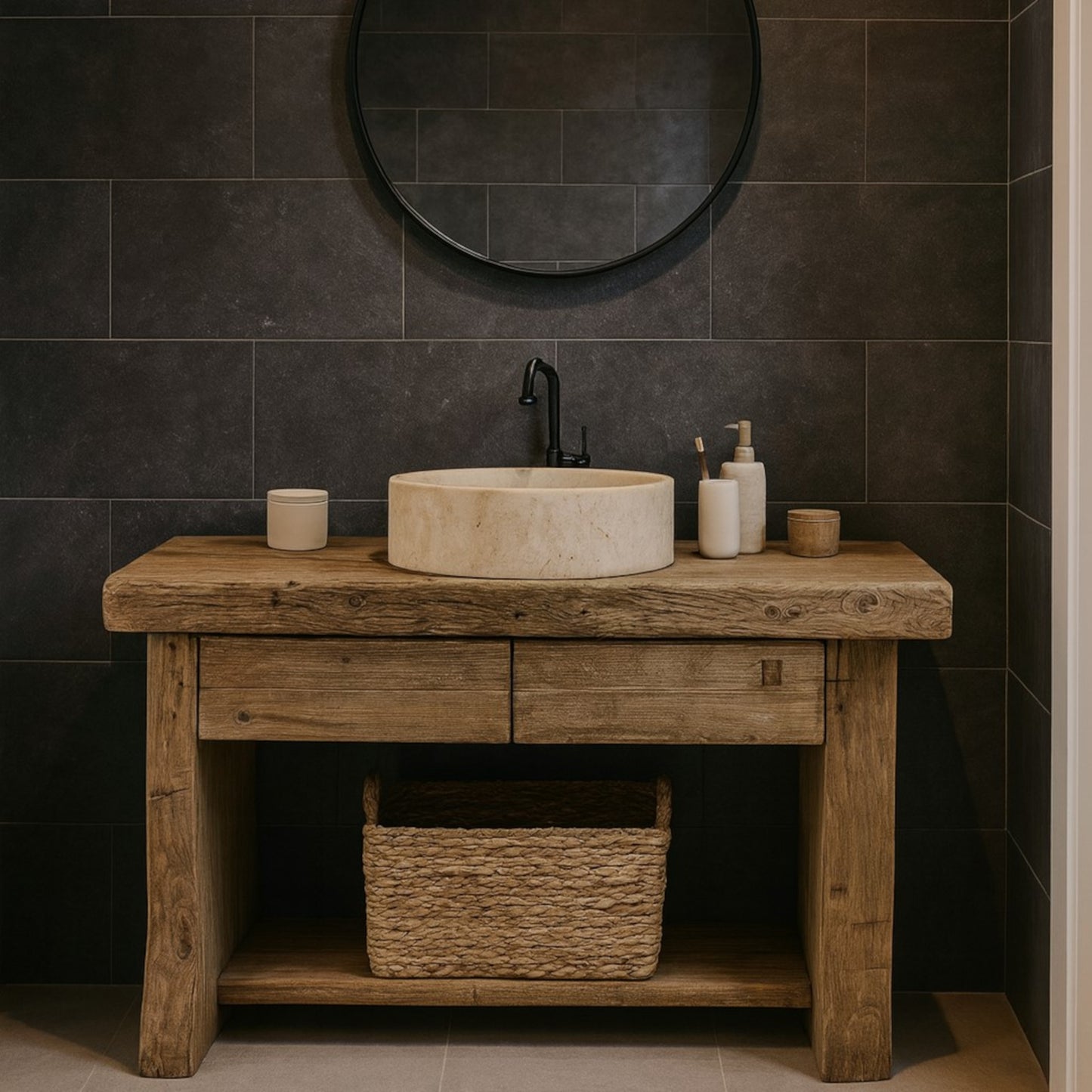 Rustic Wooden Bathroom Vanity With Drawers, Reclaimed Solid Wood, Farmhouse Style